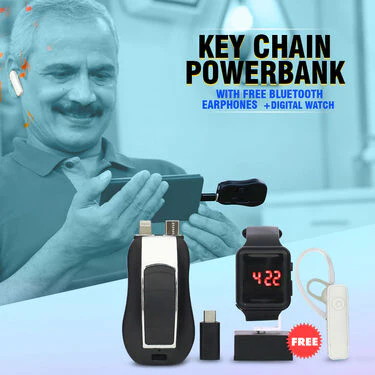 Emergency Keychain Power Bank with Free Bluetooth Earphone & Digital Watch