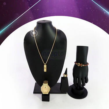 Golden Watch + Golden Chain Pendant + Om leatheate Bracelet + Ring (MGWCBR19) - Image 2