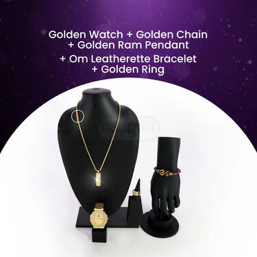 Golden Watch + Golden Chain Pendant + Om leatheate Bracelet + Ring (MGWCBR19) - Image 4