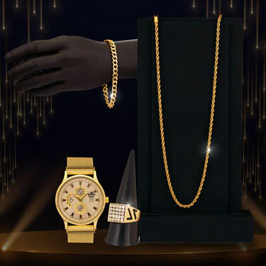 Golden Watch with Golden Chain + Bracelet + Ring (MGWCBR10) - Image 2
