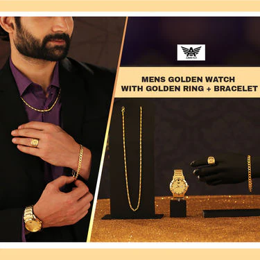 Men's Golden Watch with Golden Chain + Bracelet + Ring (MGWCBR1) - Image 2
