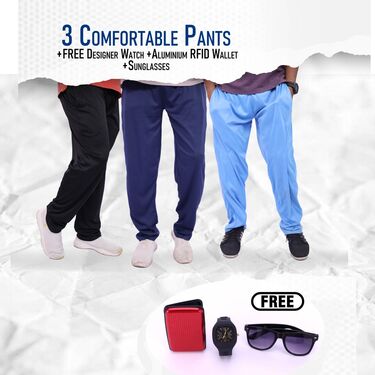 Pack Of 3 Comfortable Pants With Free 1 Watch + Aluminum Wallet + Sunglass (3SPT-9)