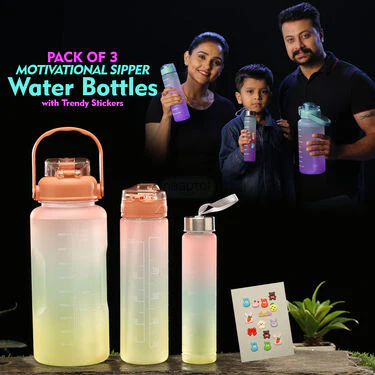 Pack of 3 Motivational Sipper Water Bottles with Trendy Stickers (3PB1)